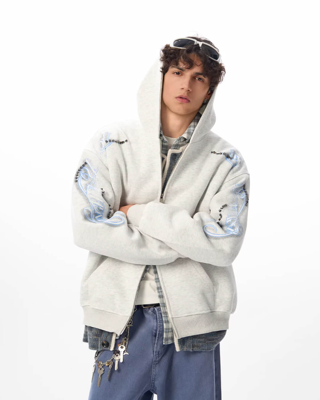 JHYQ Studded Calligraphy Print Double Zipper Hoodie
