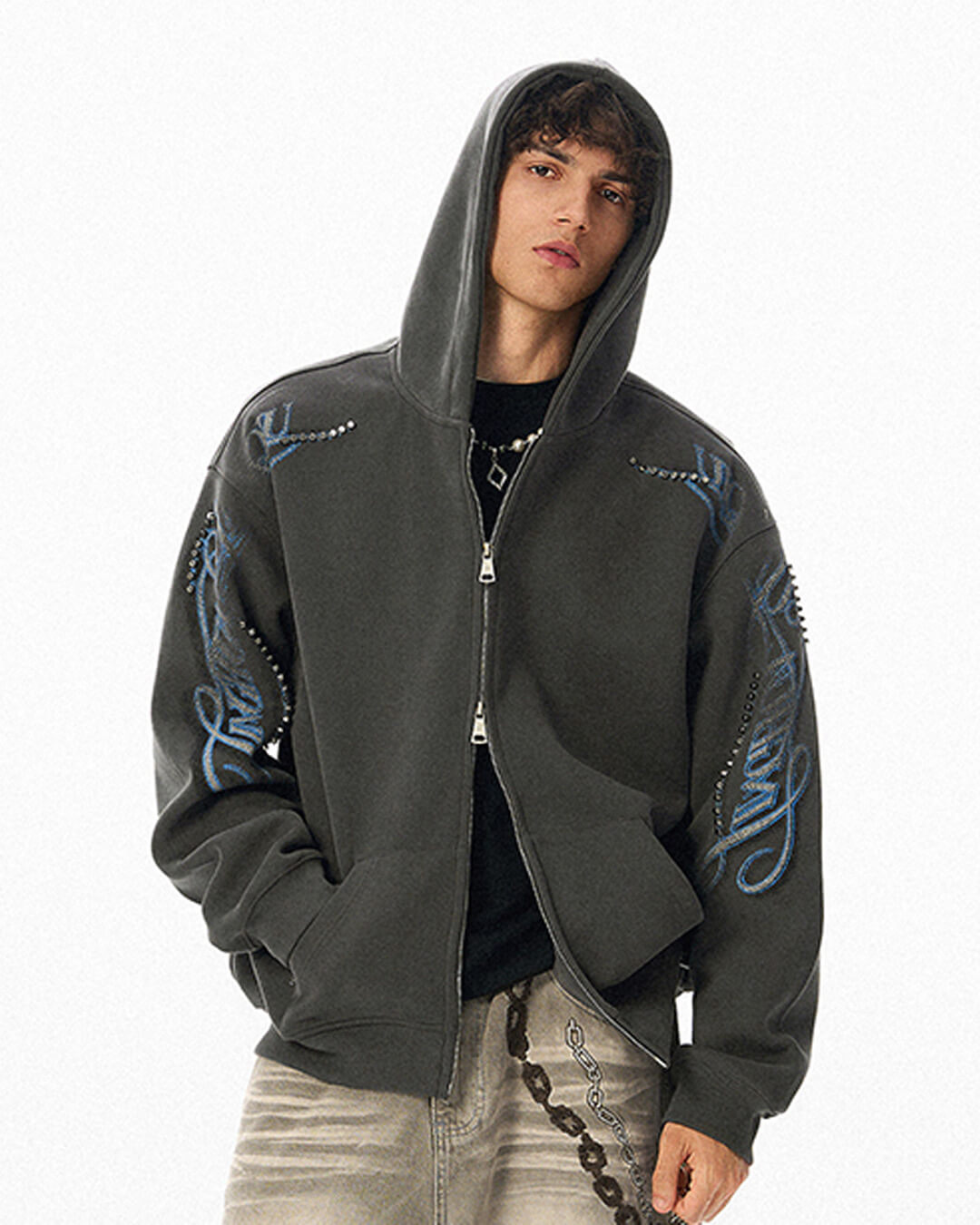 JHYQ Studded Calligraphy Print Double Zipper Hoodie