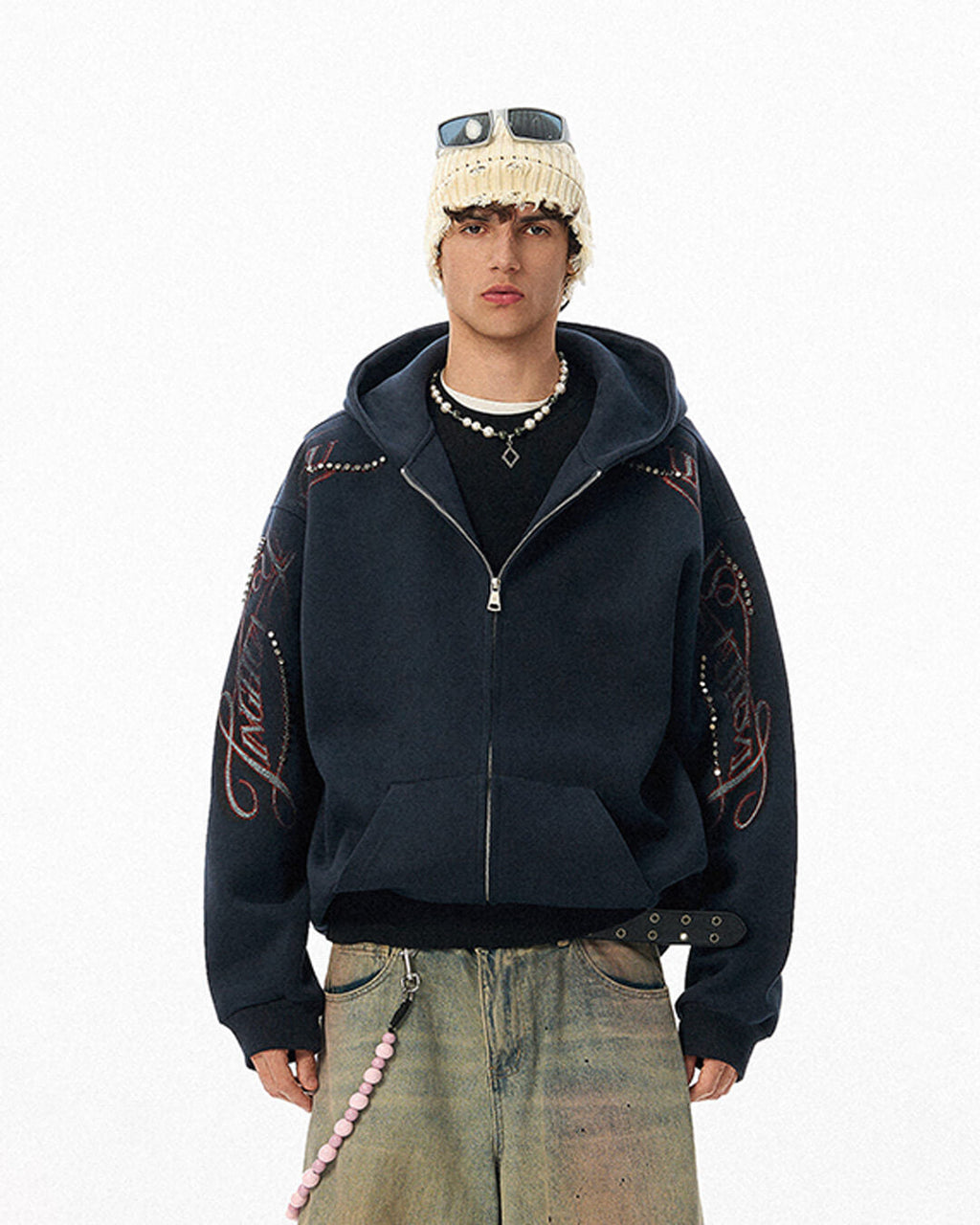 JHYQ Studded Calligraphy Print Double Zipper Hoodie