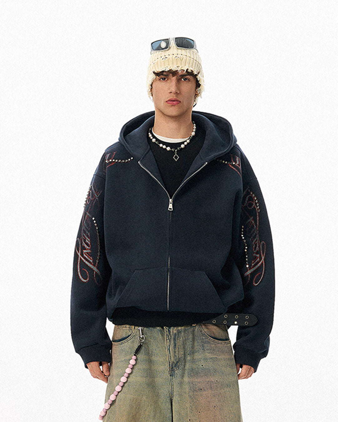JHYQ Studded Calligraphy Print Double Zipper Hoodie