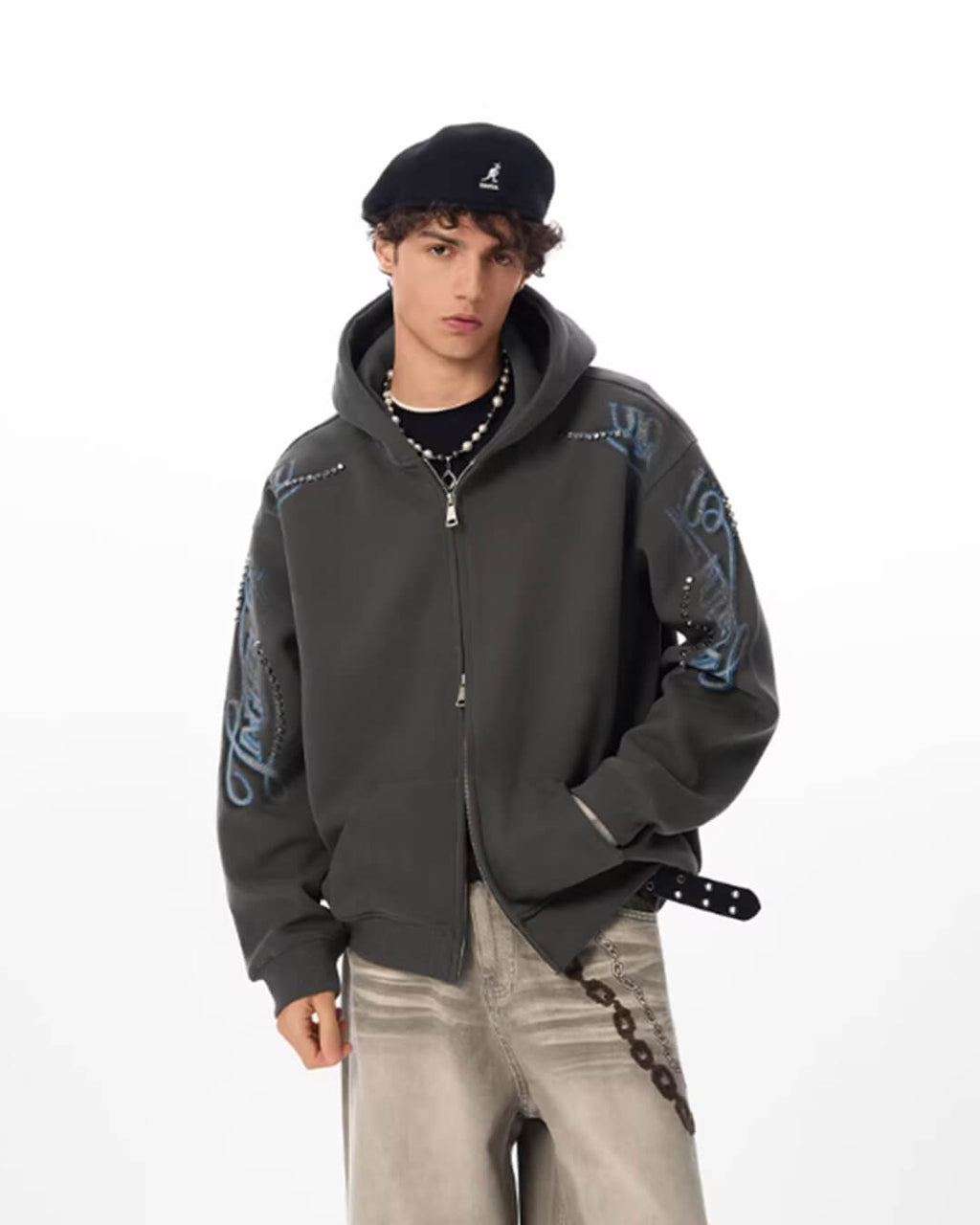 JHYQ Studded Calligraphy Print Double Zipper Hoodie