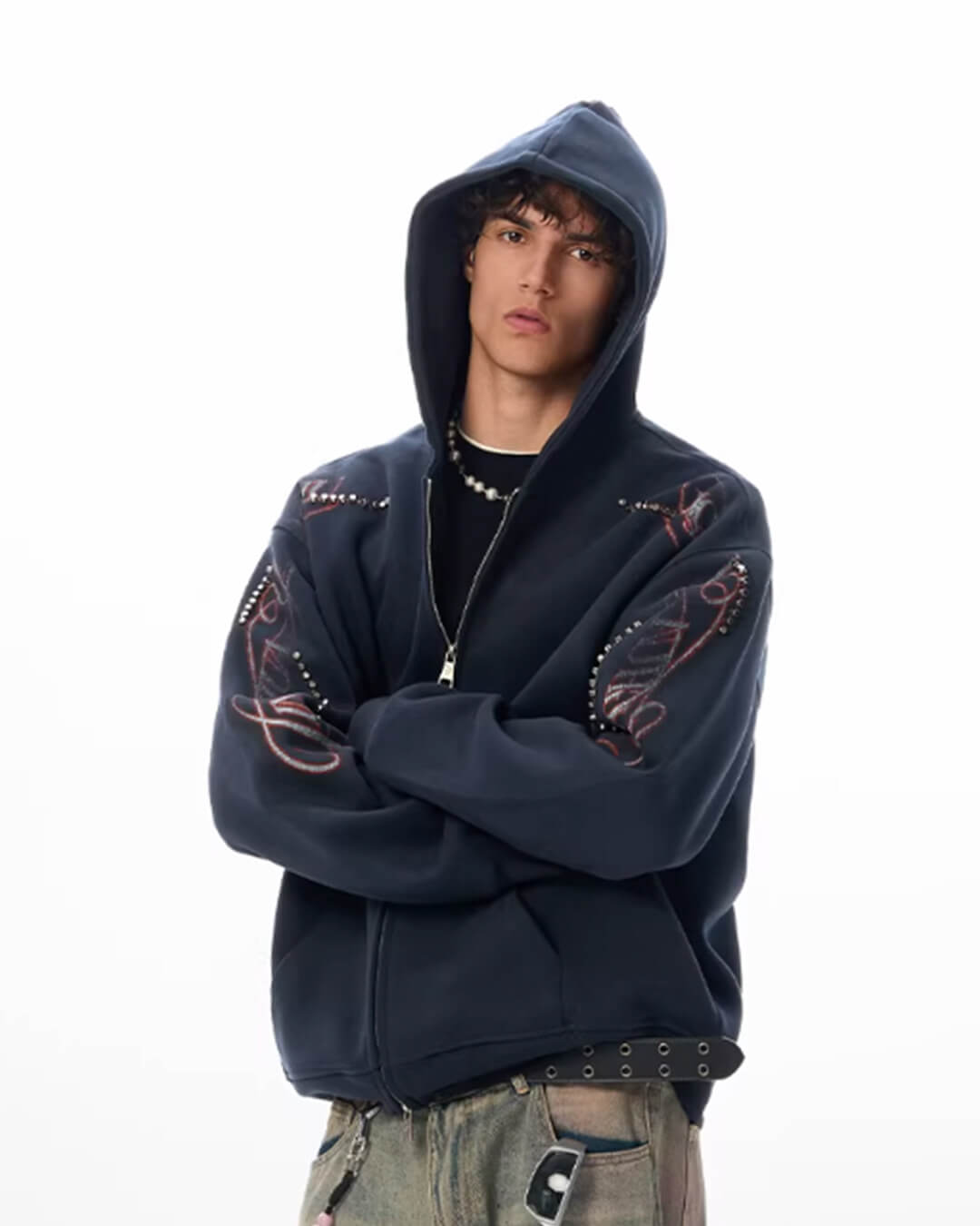 JHYQ Studded Calligraphy Print Double Zipper Hoodie