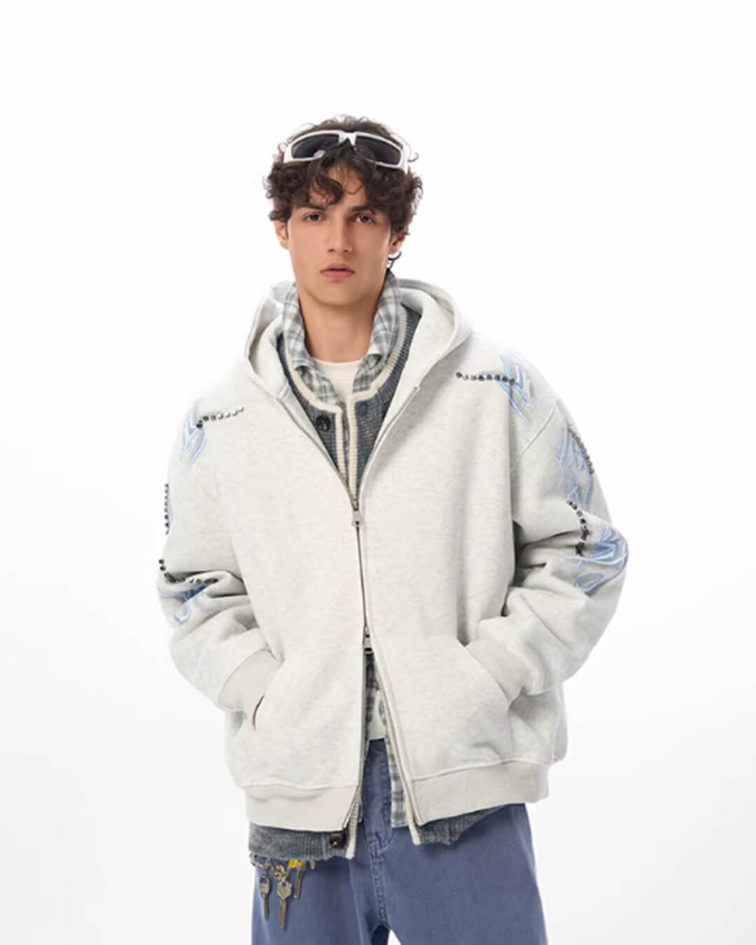 JHYQ Studded Calligraphy Print Double Zipper Hoodie