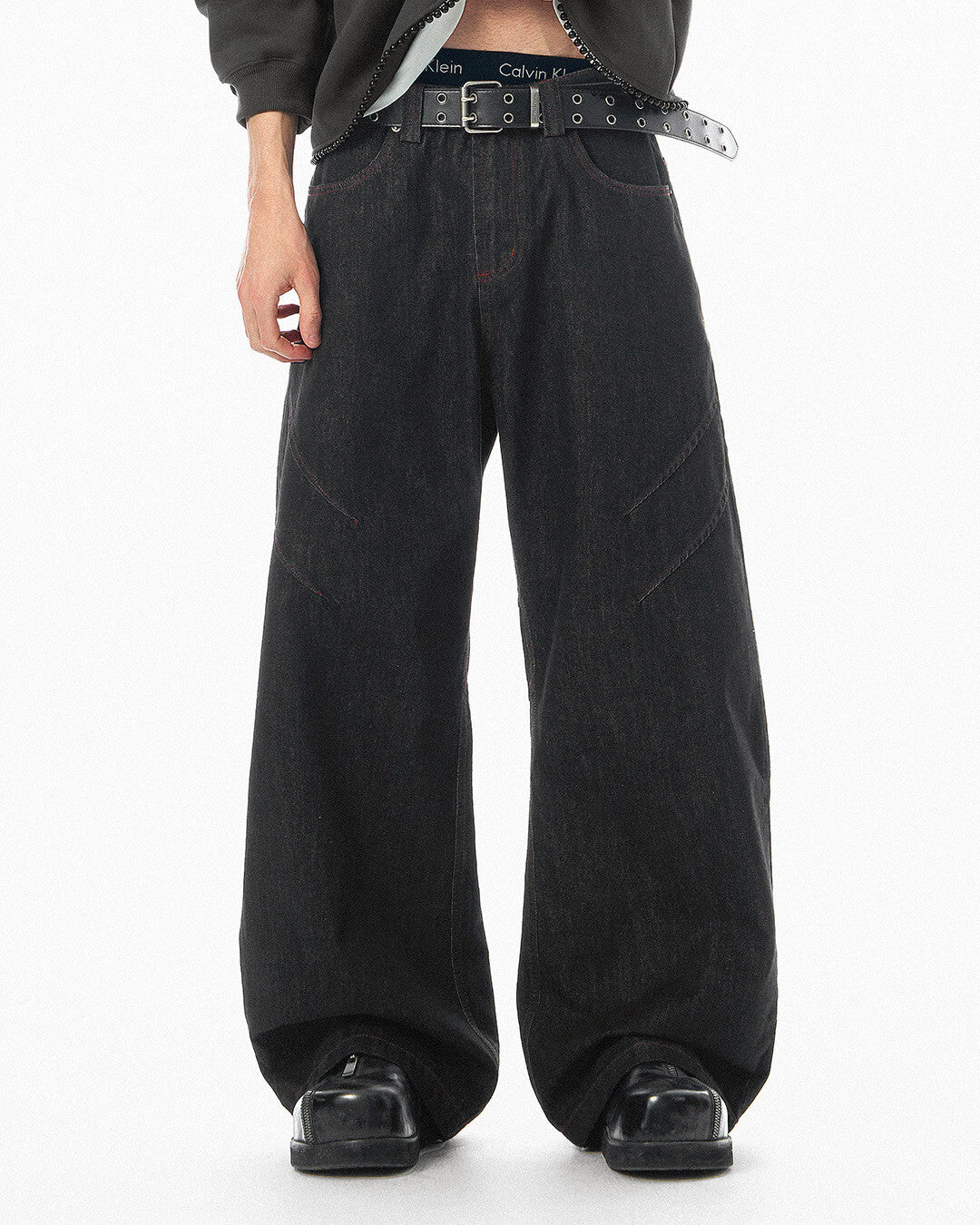 JHYQ Topstitch 3D Cut Black Baggy Flared Jeans