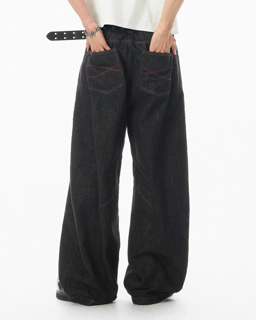 JHYQ Topstitch 3D Cut Black Baggy Flared Jeans