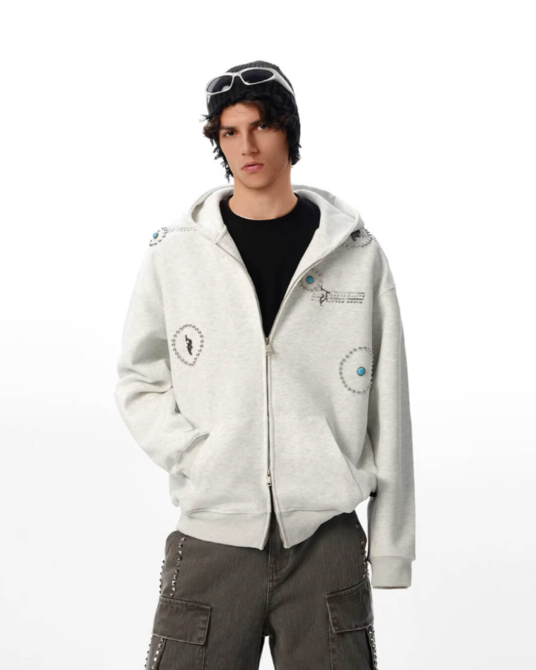 JHYQ Turquoise Accent Metal Logo Studded Circle Double Zipper Hoodie