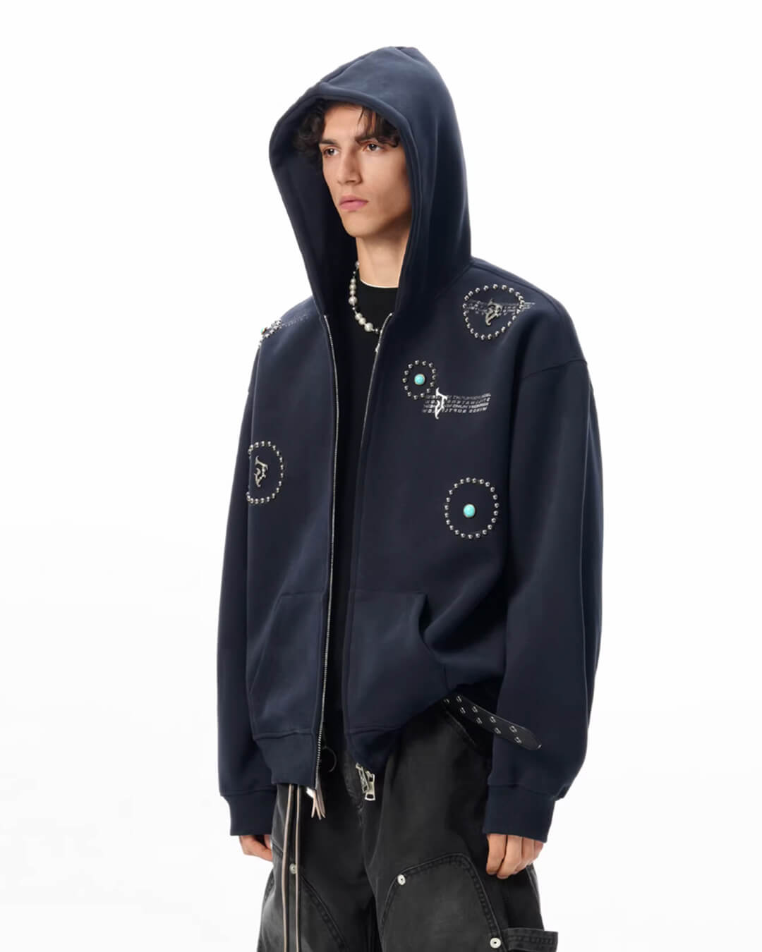 JHYQ Turquoise Accent Metal Logo Studded Circle Double Zipper Hoodie