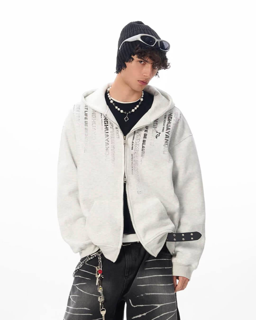 JHYQ Vertical Code Print Double Zipper Hoodie