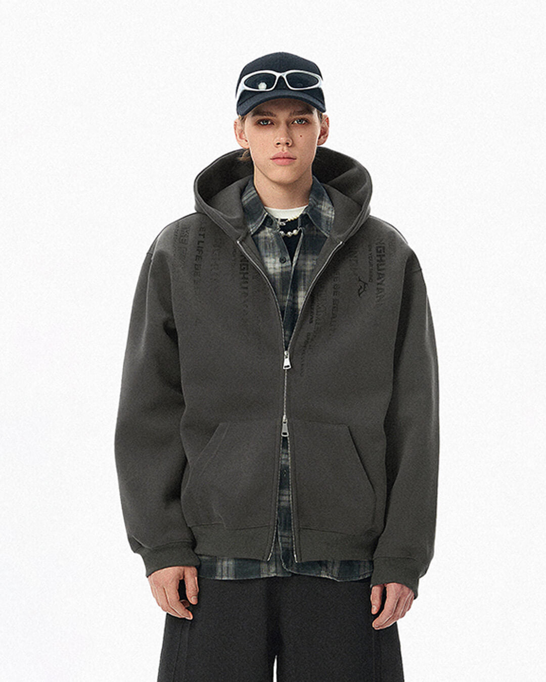 JHYQ Vertical Code Print Double Zipper Hoodie