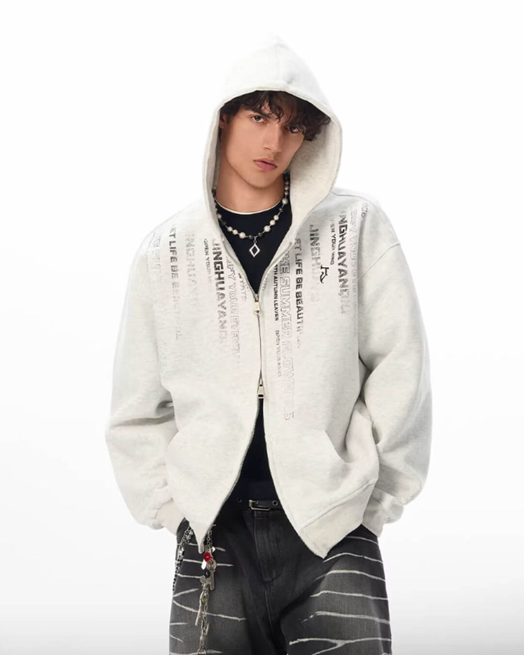 JHYQ Vertical Code Print Double Zipper Hoodie