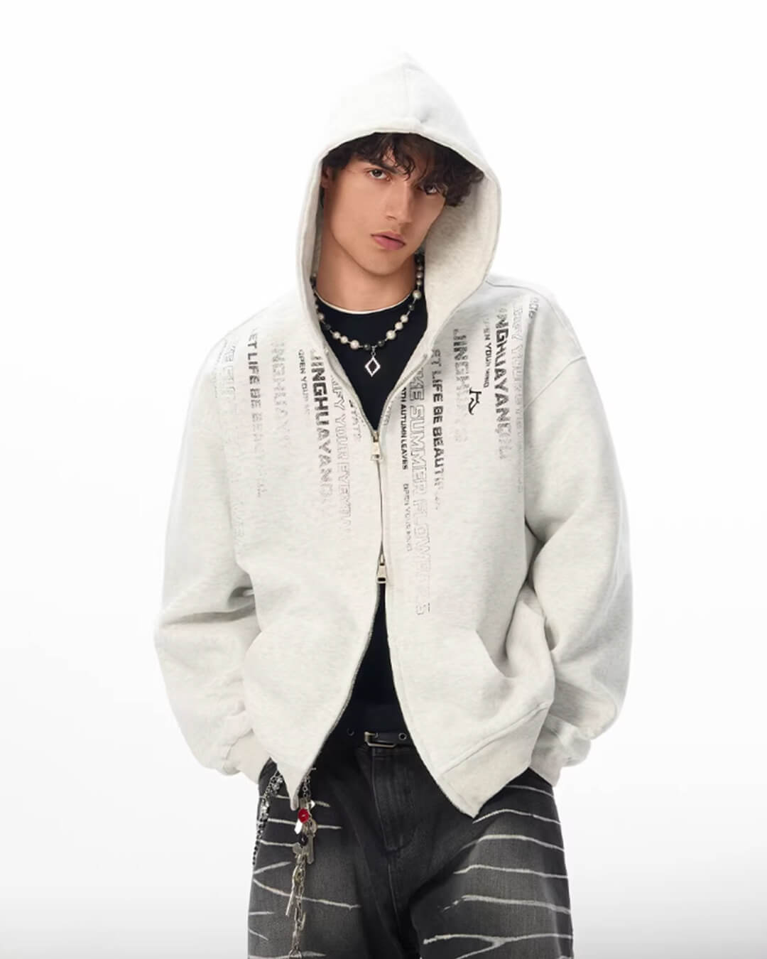 JHYQ Vertical Code Print Double Zipper Hoodie