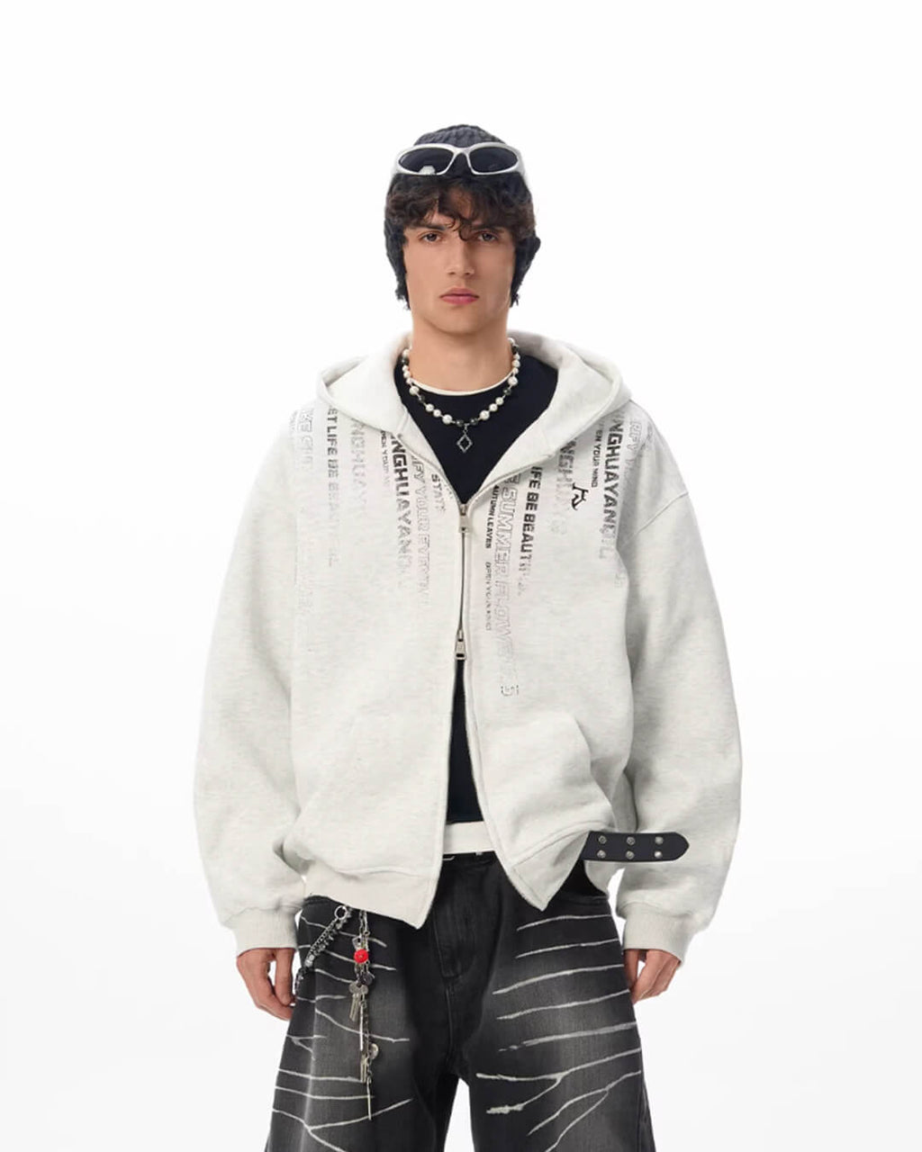 JHYQ Vertical Code Print Double Zipper Hoodie