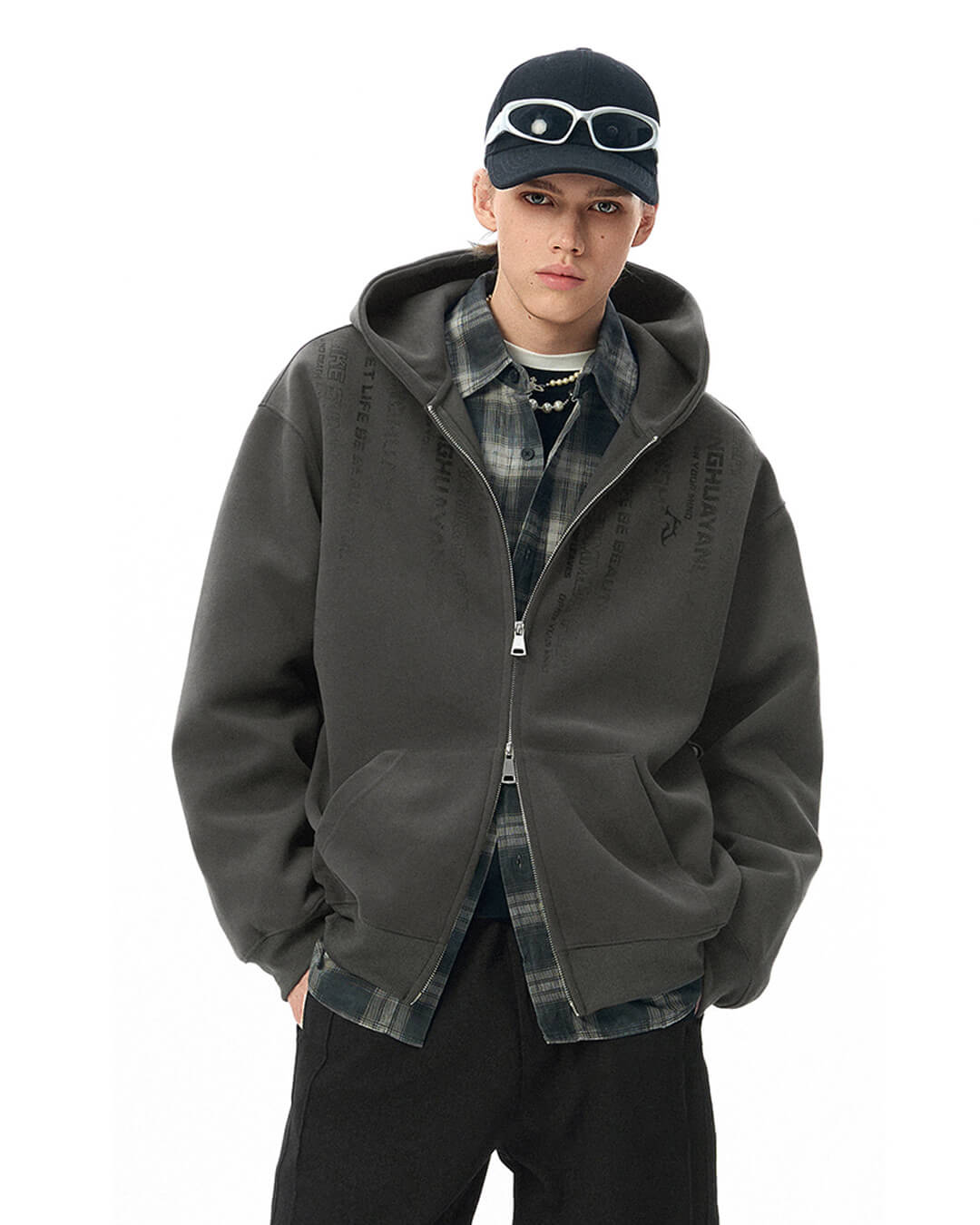 JHYQ Vertical Code Print Double Zipper Hoodie
