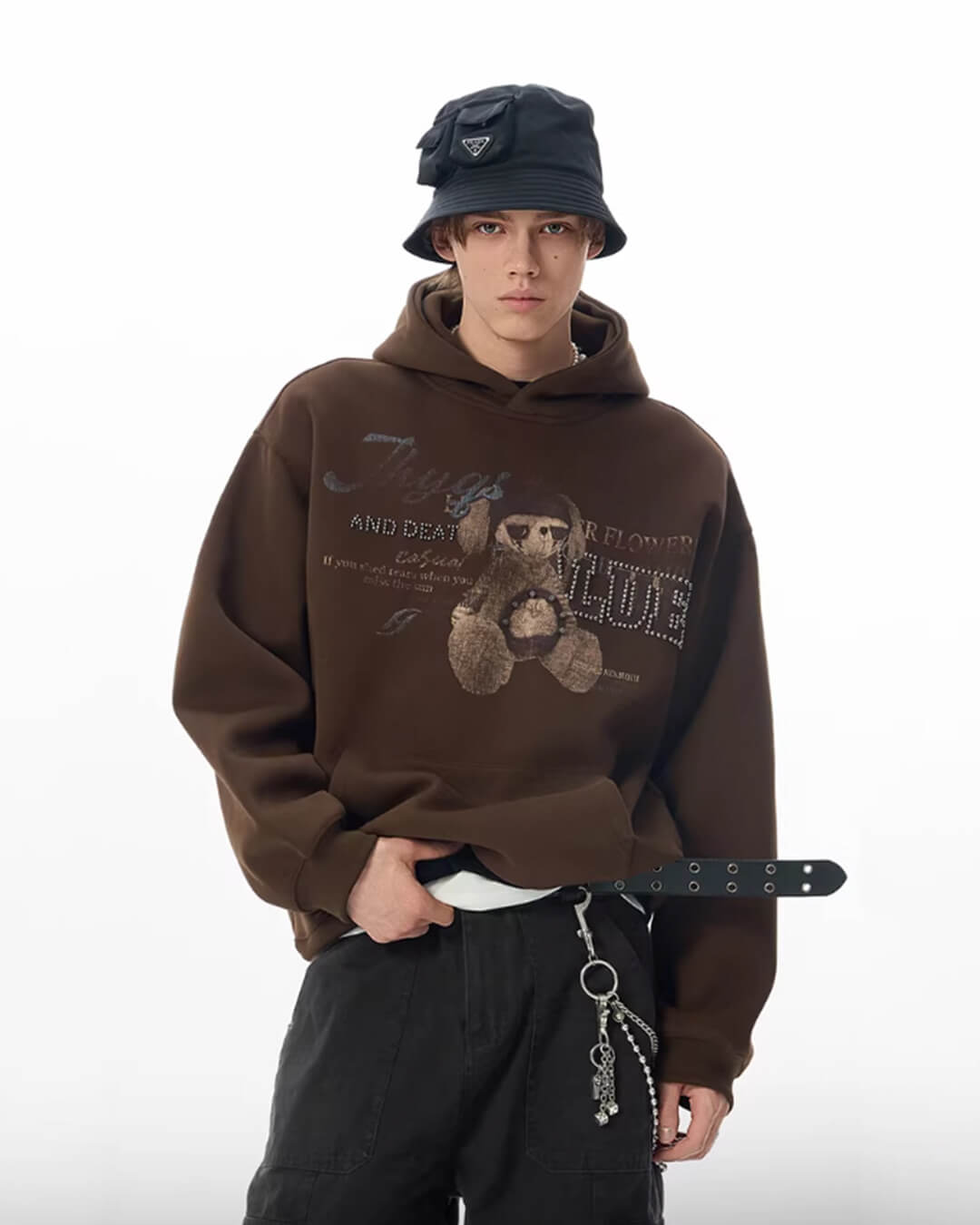 JHYQ Vintage Bear Print Bead Studded Hoodie