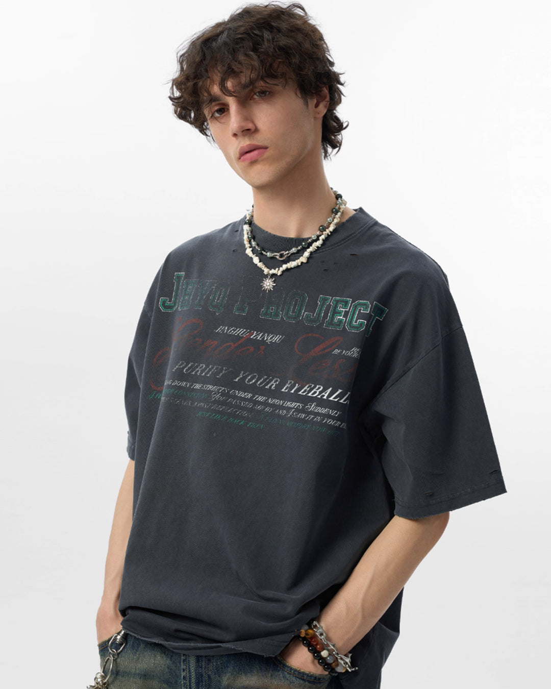 JHYQ Vintage Print Washed Distressed Tee
