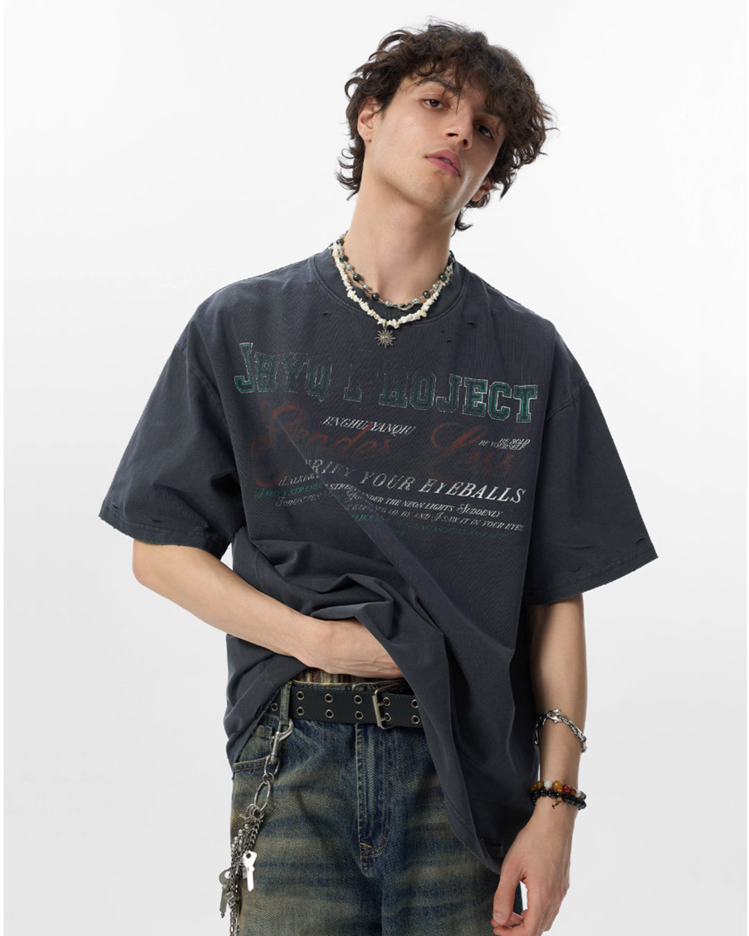JHYQ Vintage Print Washed Distressed Tee
