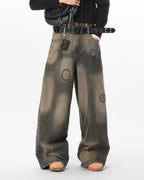 JHYQ Washed Ash Beaded Studded Curved Seam Machete Jeans