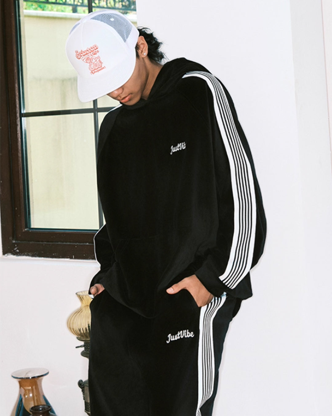 JUST VIBE Side Stripe Velvet Hoodie