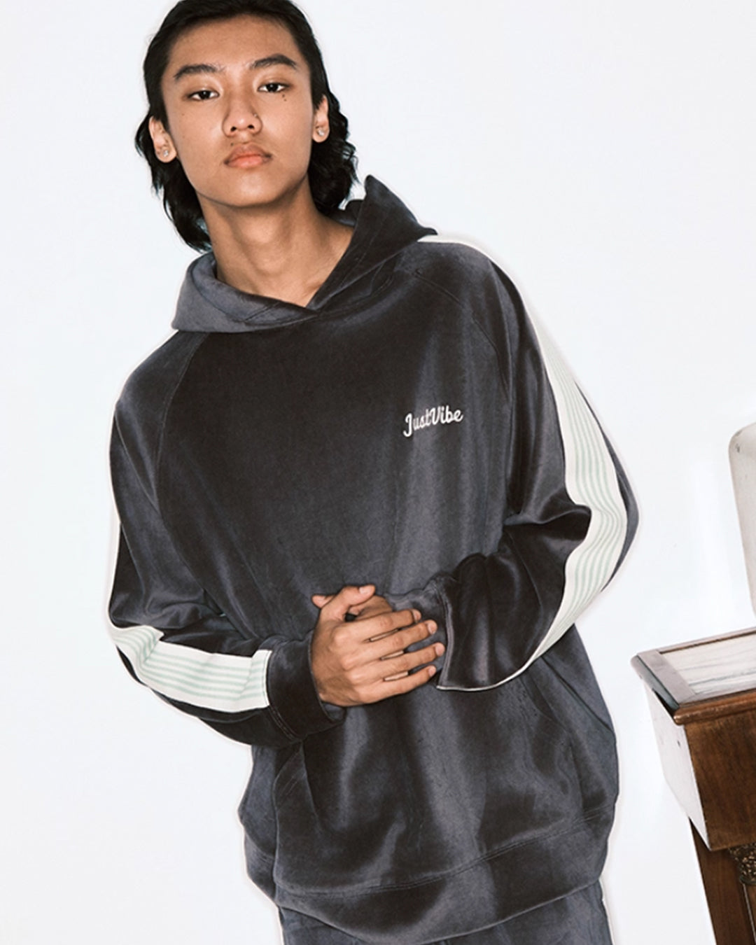 JUST VIBE Side Stripe Velvet Hoodie