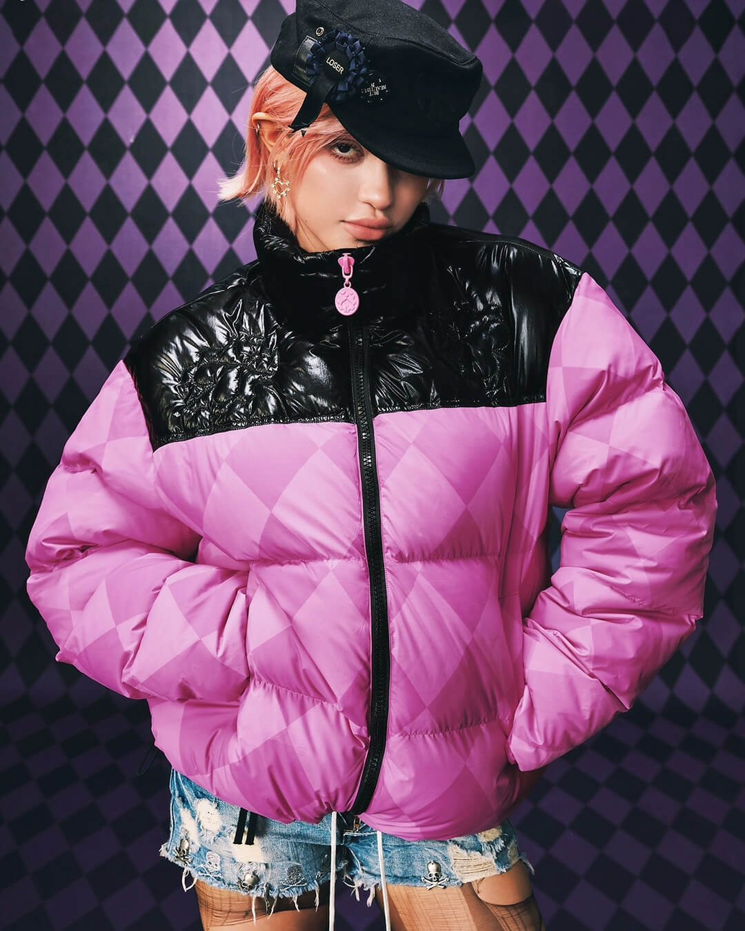 MEDM × JOJO Color Block Diamond Plaid Down Jacket