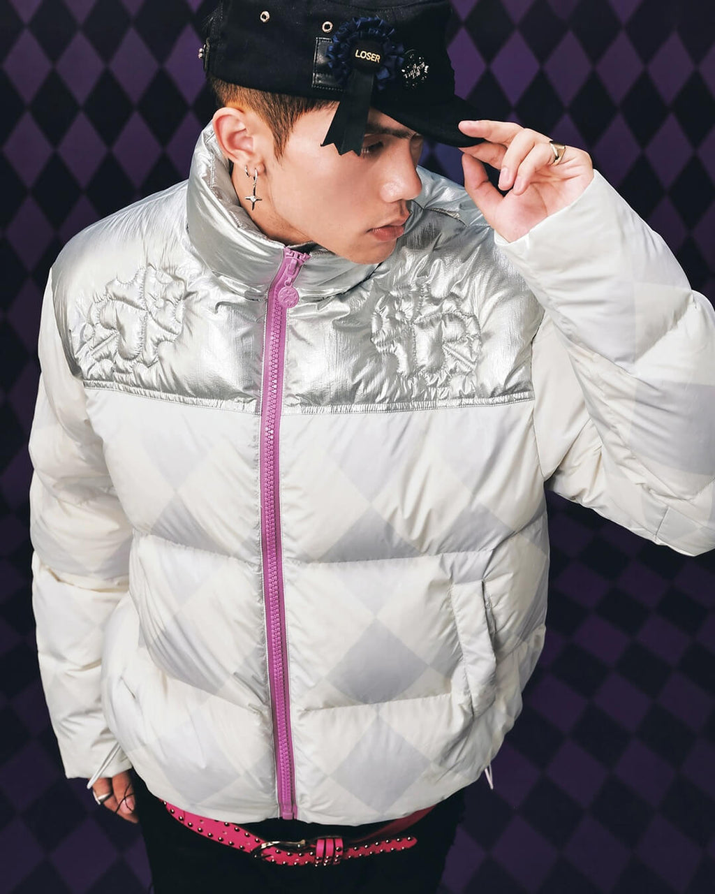 MEDM × JOJO Color Block Diamond Plaid Down Jacket