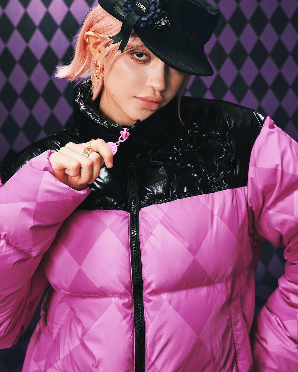 MEDM × JOJO Color Block Diamond Plaid Down Jacket