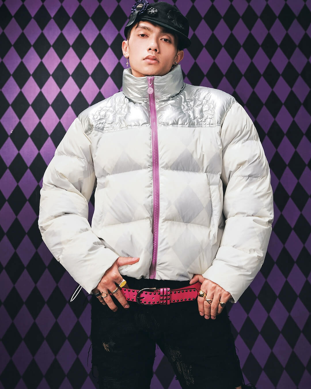 MEDM × JOJO Color Block Diamond Plaid Down Jacket