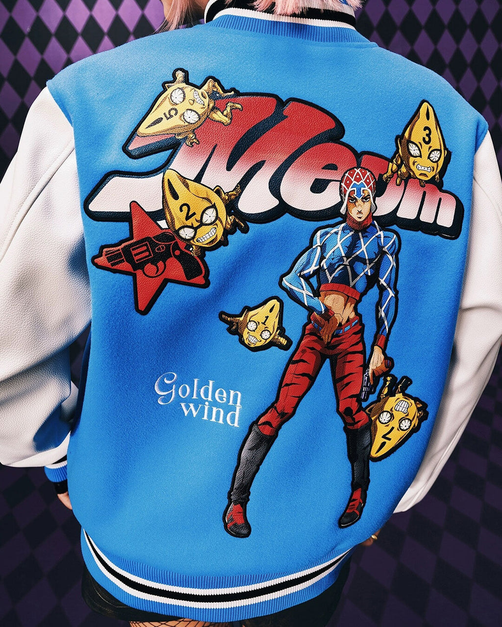 MEDM × JOJO Embroidered Patch Varsity Jacket