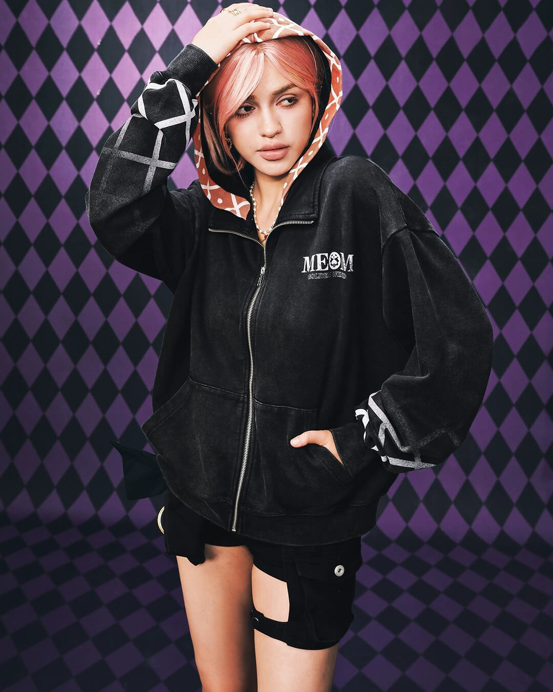 MEDM × JOJO Plaid Hooded Washed Zip Up Hoodie