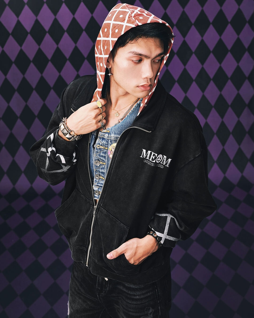 MEDM × JOJO Plaid Hooded Washed Zip Up Hoodie