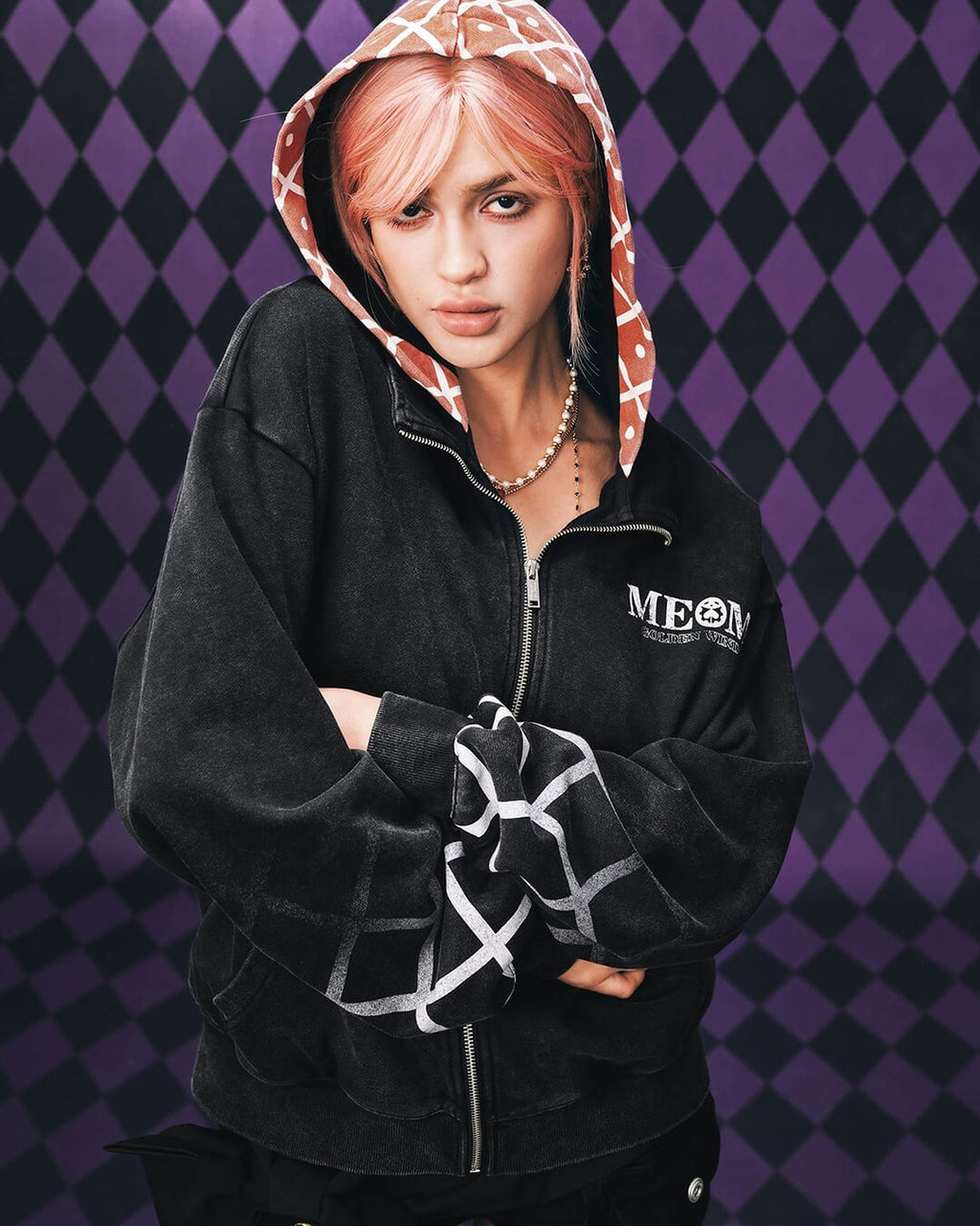 MEDM × JOJO Plaid Hooded Washed Zip Up Hoodie