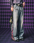 MEDM × JOJO Side Zipper Contrast Checkered Washed Jeans