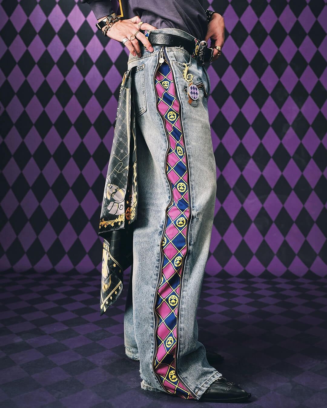 MEDM × JOJO Side Zipper Contrast Checkered Washed Jeans