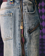 MEDM × JOJO Side Zipper Contrast Checkered Washed Jeans
