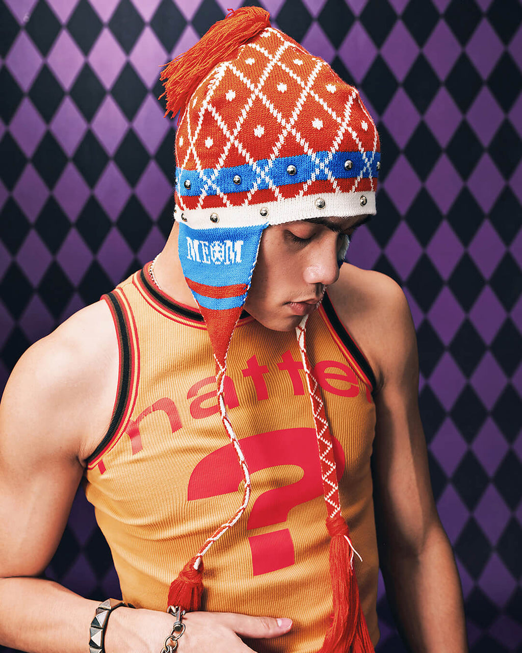 MEDM × JOJO Studded Plaid Ear Flap Beanie