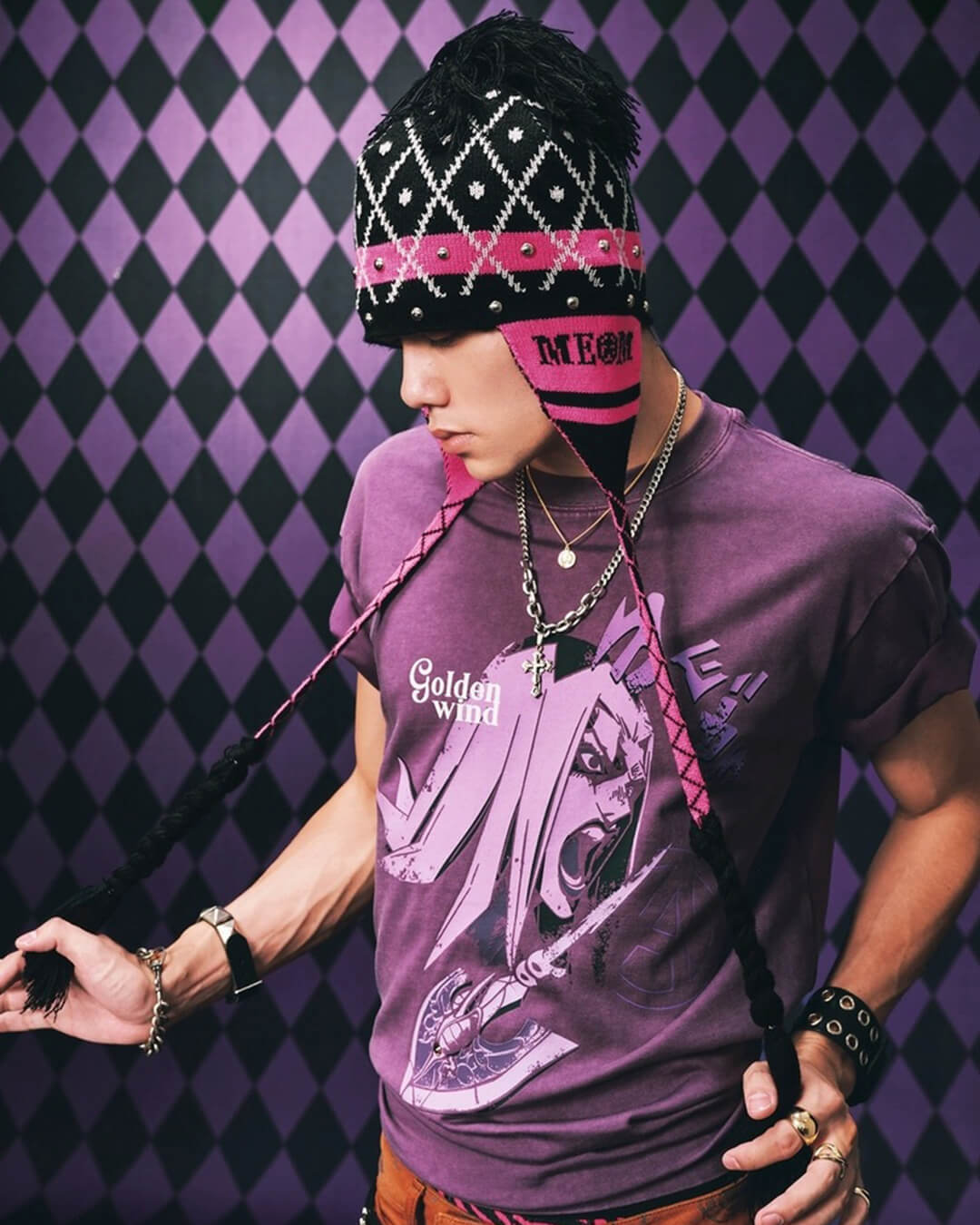 MEDM × JOJO Studded Plaid Ear Flap Beanie
