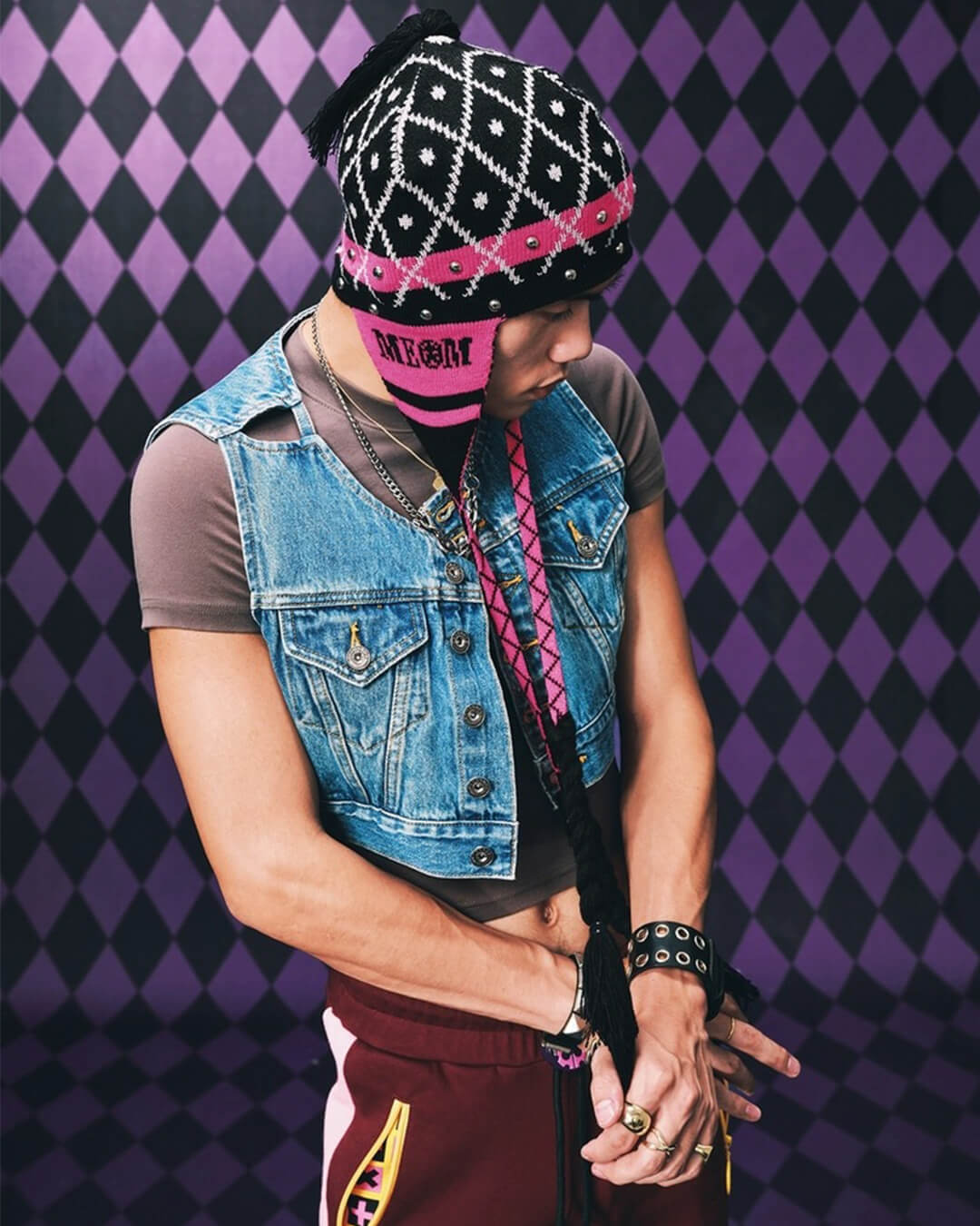 MEDM × JOJO Studded Plaid Ear Flap Beanie