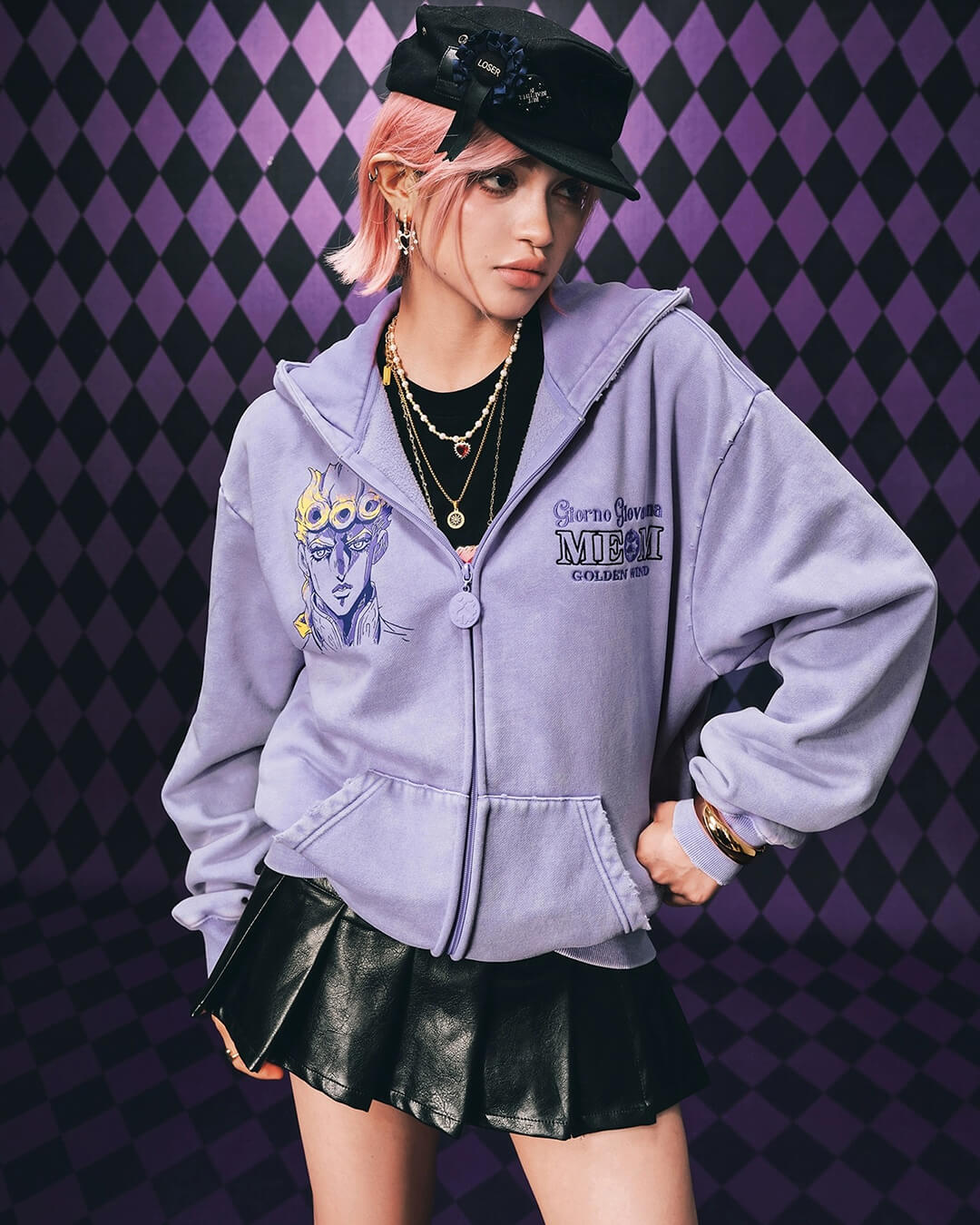 MEDM × JOJO Washed Graphic Print Zip Up Hoodie
