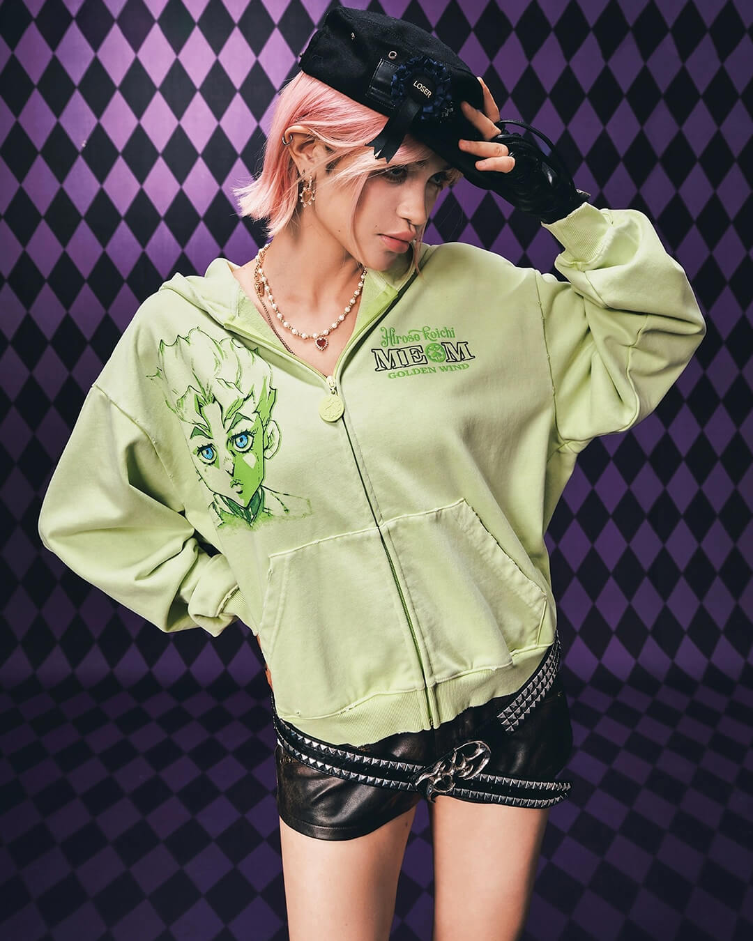 MEDM × JOJO Washed Graphic Print Zip Up Hoodie