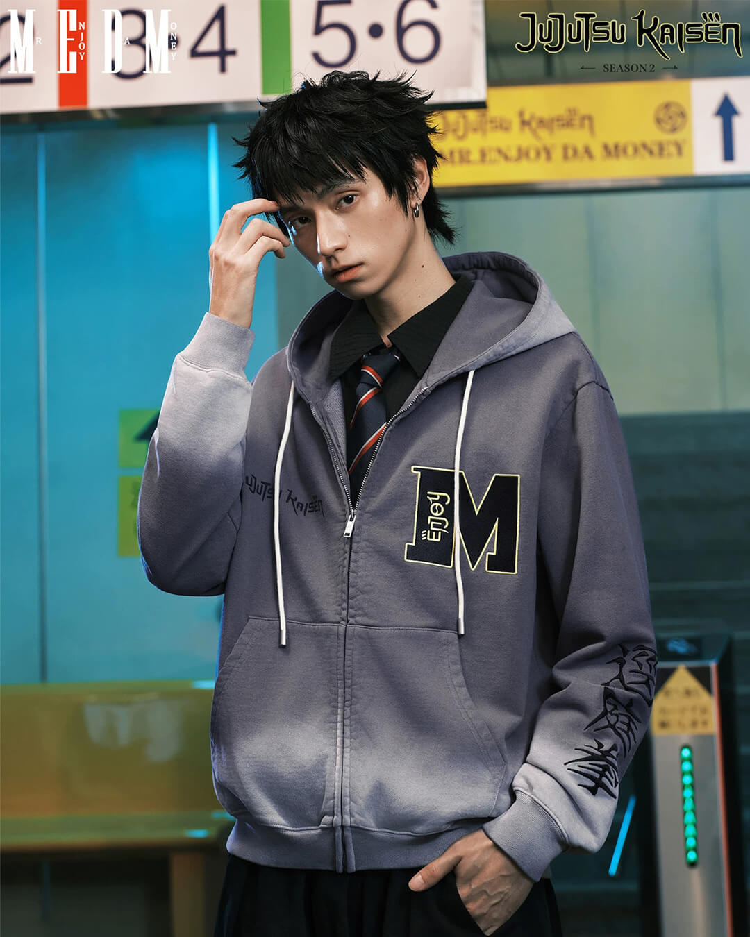 MEDM × Jujutsu Kaisen Washed Character Print Embroidered Zip Up Hoodie