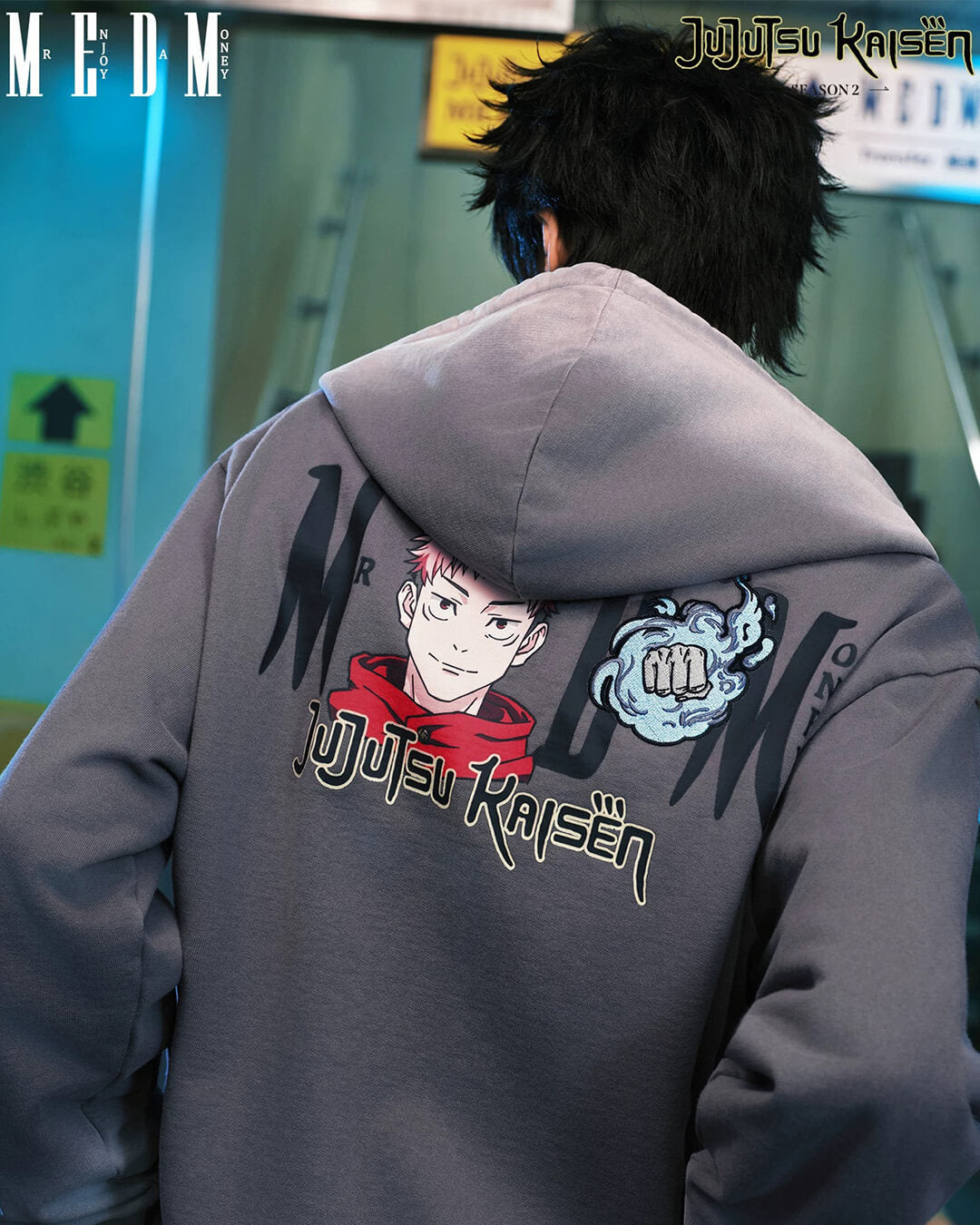 MEDM × Jujutsu Kaisen Washed Character Print Embroidered Zip Up Hoodie