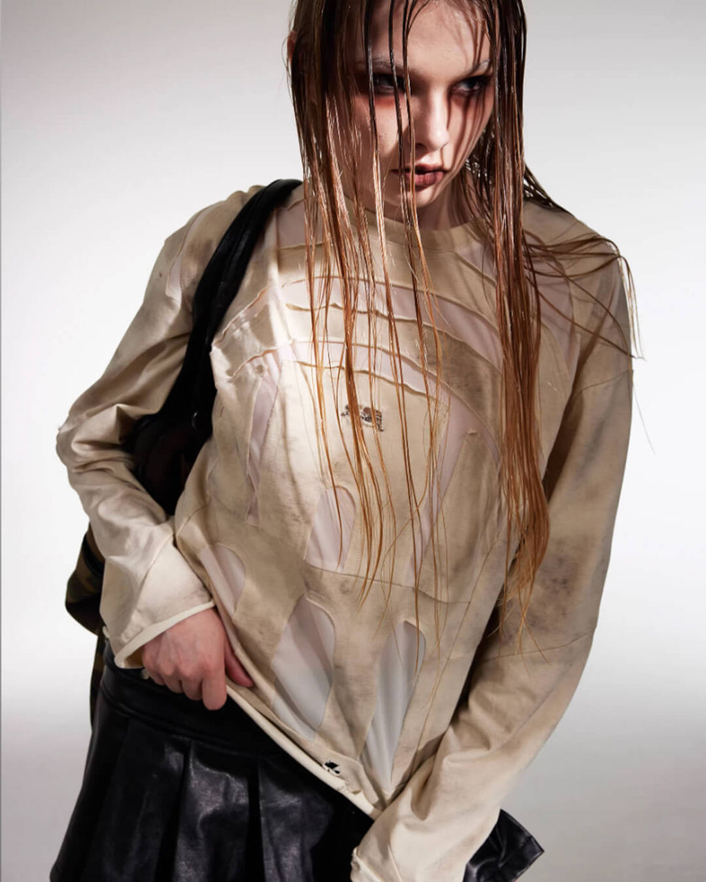 Night Lab Church Patchwork Sheer Distressed Long Sleeve Tee
