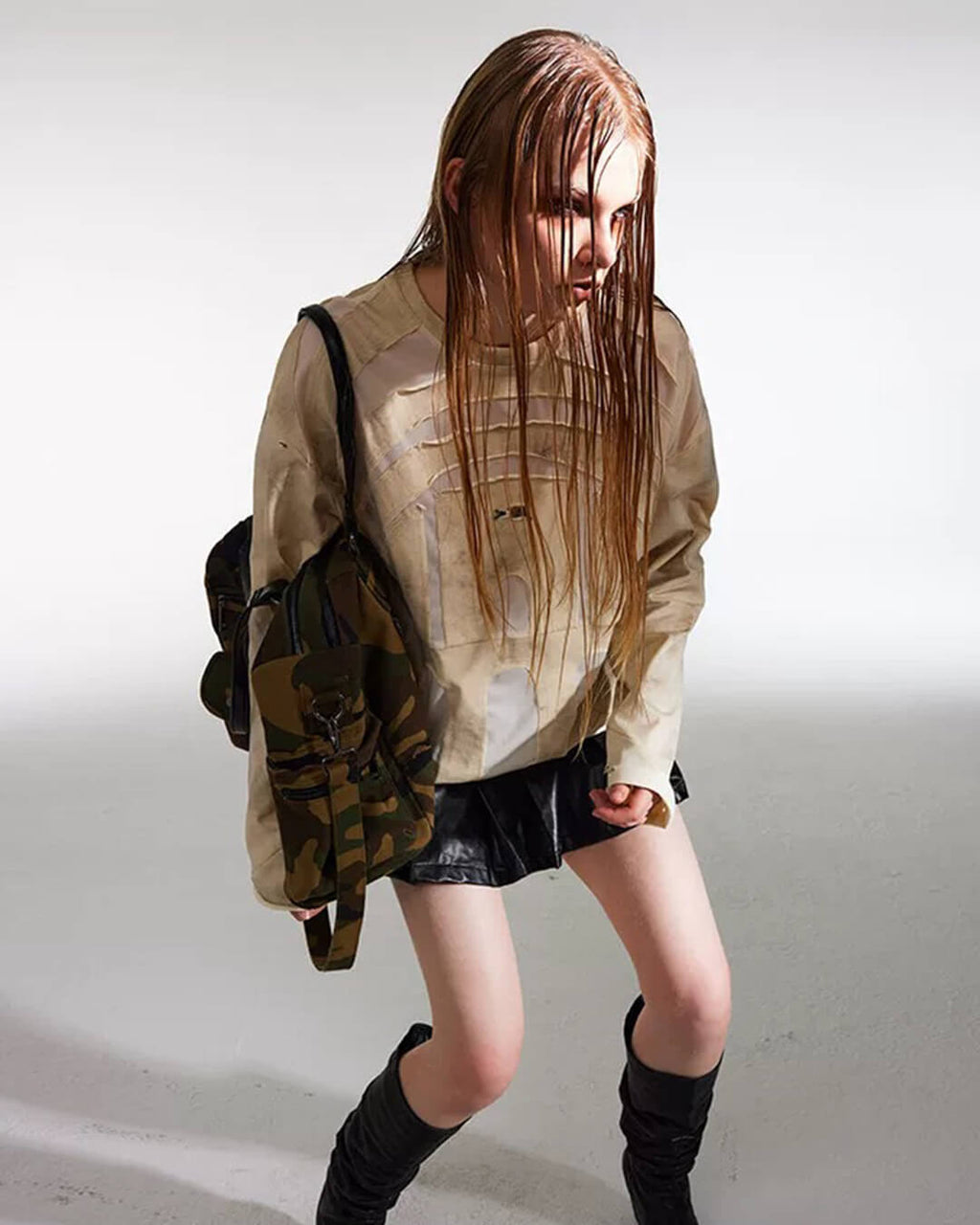 Night Lab Church Patchwork Sheer Distressed Long Sleeve Tee