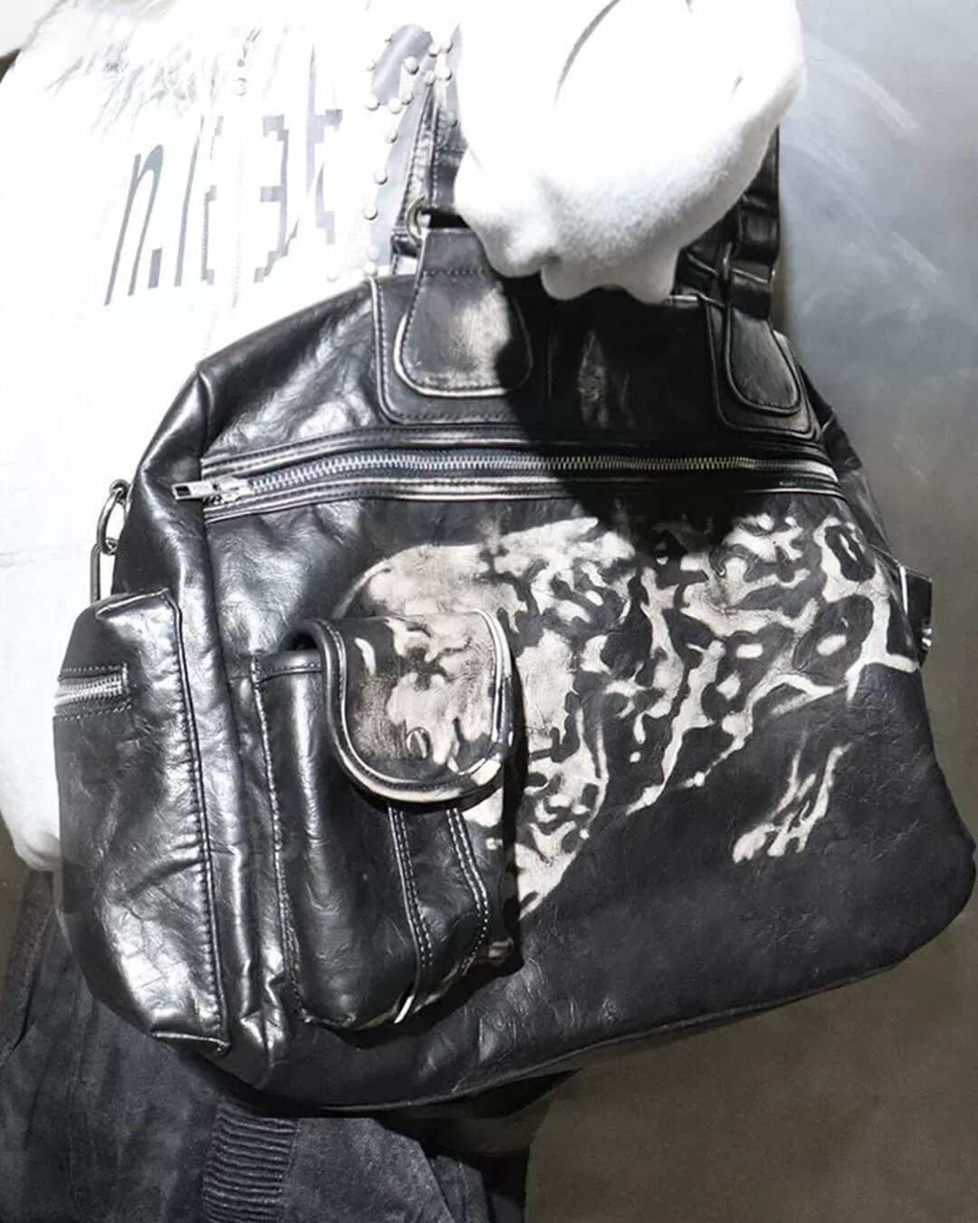 Night Lab Leopard Print Distressed PU Leather Bag