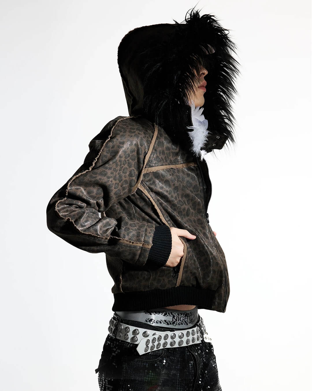 Night Lab Leopard Print Faux Fur Hood Jacket