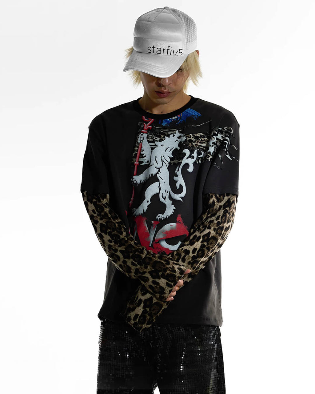 Night Lab Lion Graphic Layered Leopard Sleeve Tee