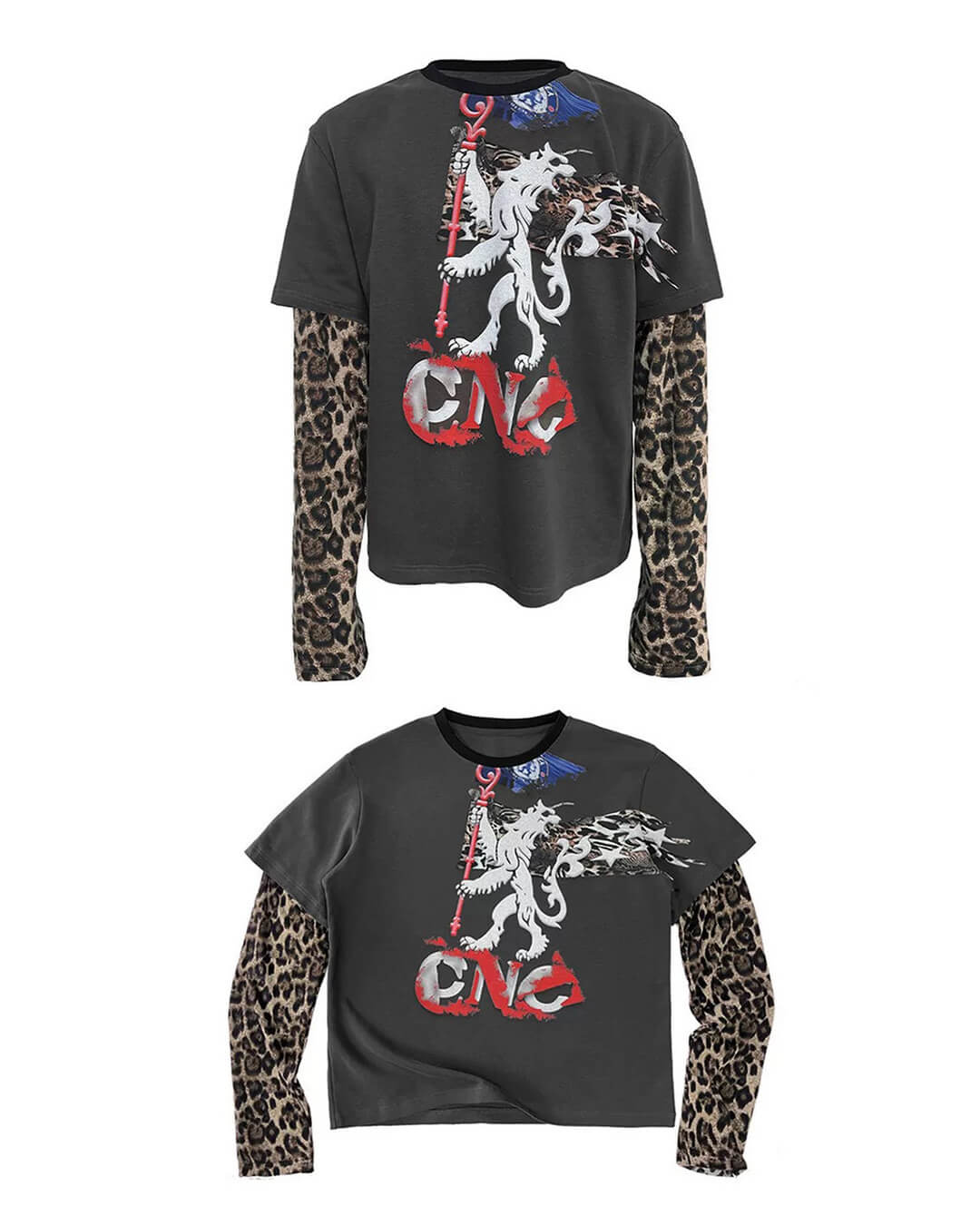 Night Lab Lion Graphic Layered Leopard Sleeve Tee