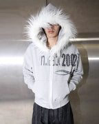 Night Lab Riveted Faux Fur Hood Zip Up Hoodie