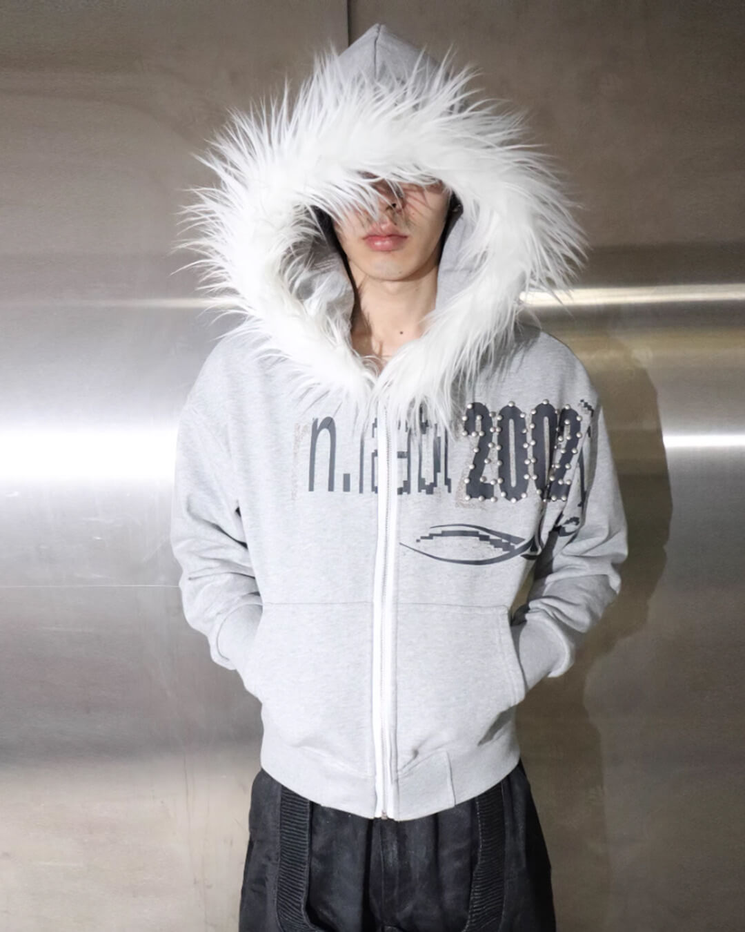Night Lab Riveted Faux Fur Hood Zip Up Hoodie