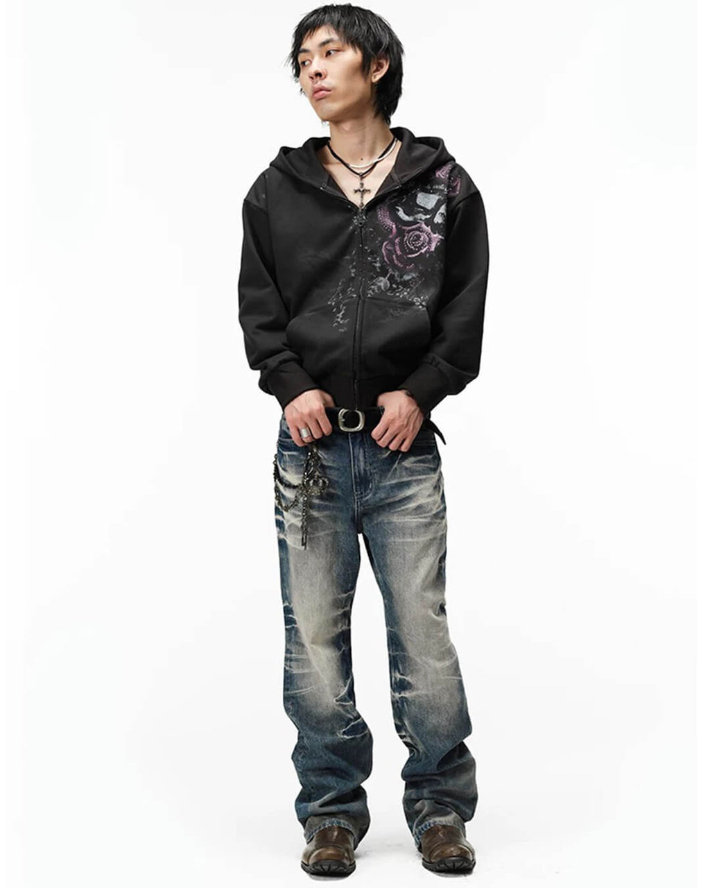 Night Lab Rose Skull Rhinestone Zip Up Hoodie